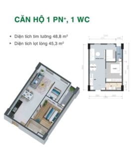 Mặt bằng căn hộ 1 phòng ngủ