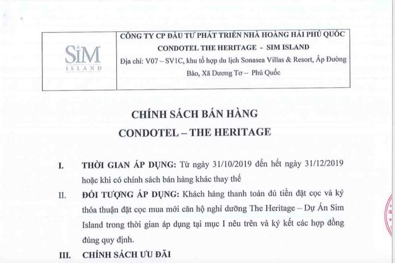 Chính sách bán hàng Condotel The Heritage