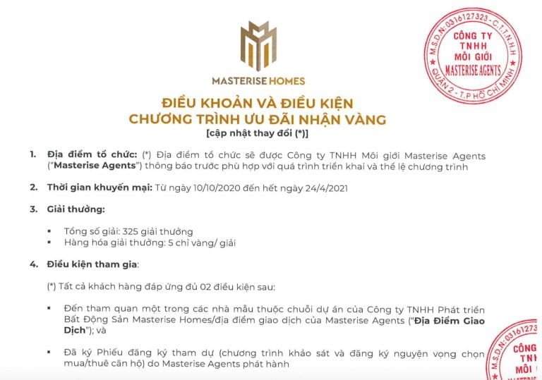 Thông báo chính thức của chương trình ưu đãi nhận vàng của Masterise Homes đối với dự án Masteri Centre Point