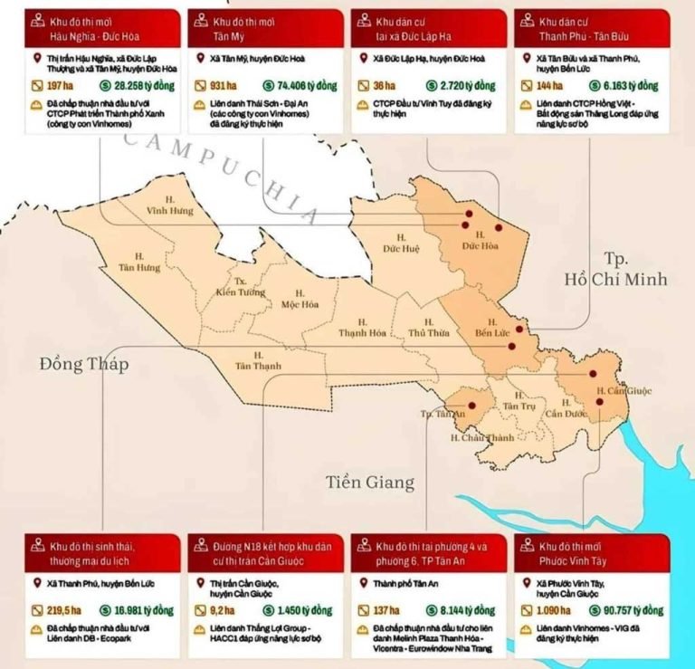 Bản đồ vị trí Các dự án đang Hot nhất hiện ở Long An