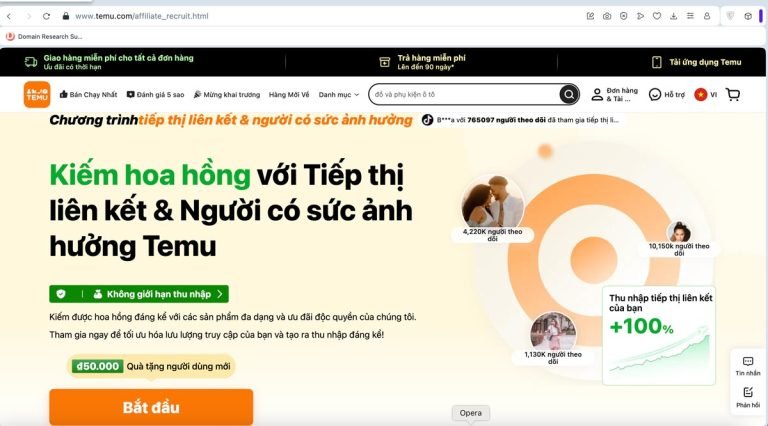 Giao diện chính của chương trình tiếp thị liên kết Temu
