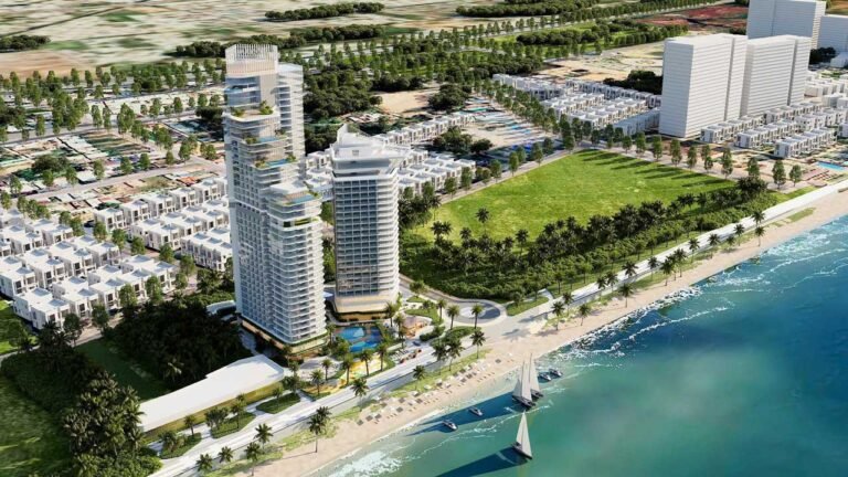 Hình phối cảnh dự án Solina Vũng Tàu với 2 toà tháp văn hộ và khách sạn nằm sát biển