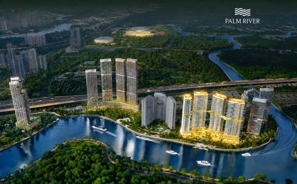 Palm City – Khu đô thị nghỉ dưỡng ven sông tại trung tâm Nam Rạch Chiếc 11 4 toà tháp căn hộ Palm River nằm trong dự án Palm City