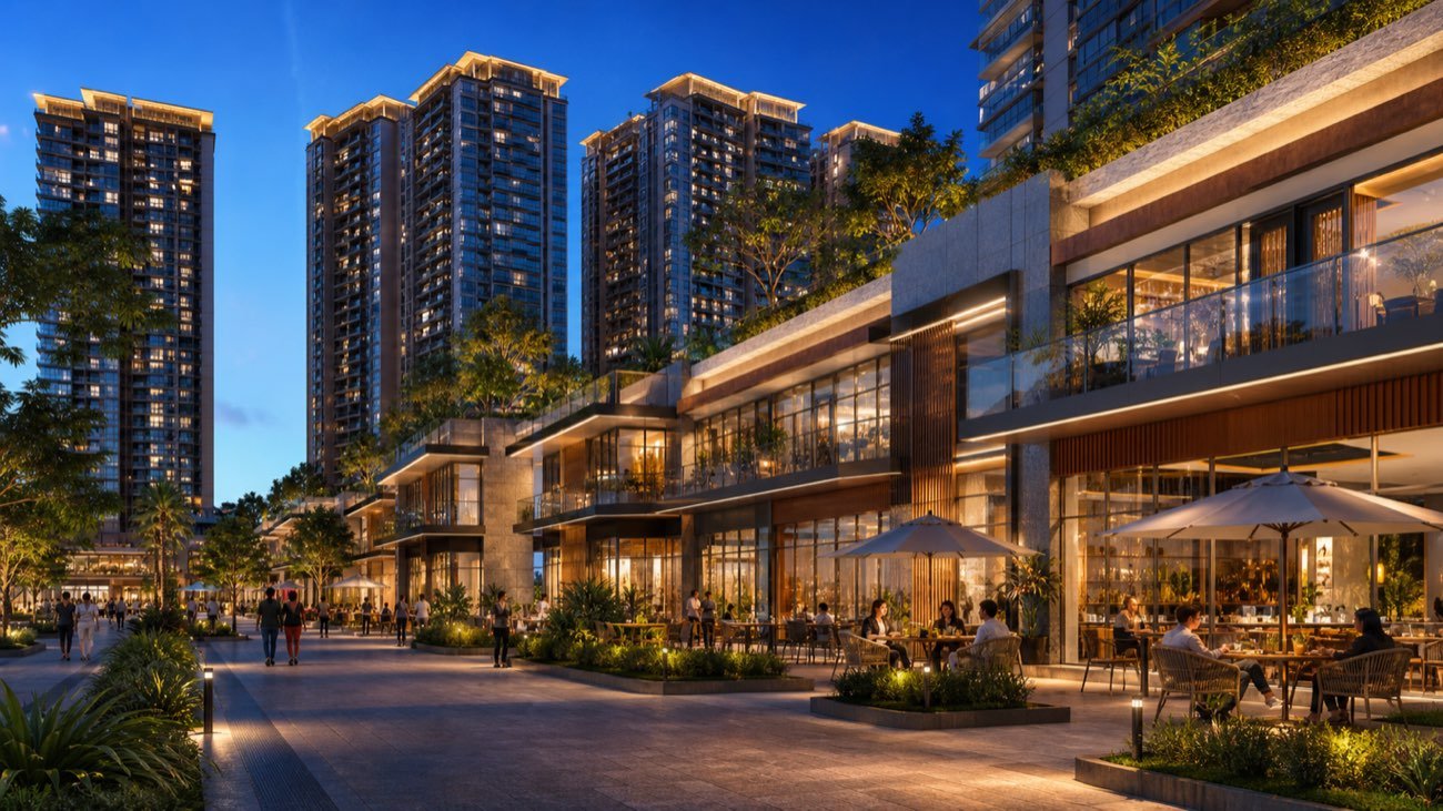 Dãy shophouse thương mại Luvista Quy Nhơn vào buổi tối.