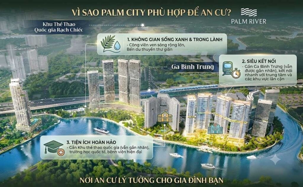 Palm City – Khu đô thị nghỉ dưỡng ven sông tại trung tâm Nam Rạch Chiếc 14 Palm City rất thích hợp để bạn mua đầu tư hay để an cư sau này
